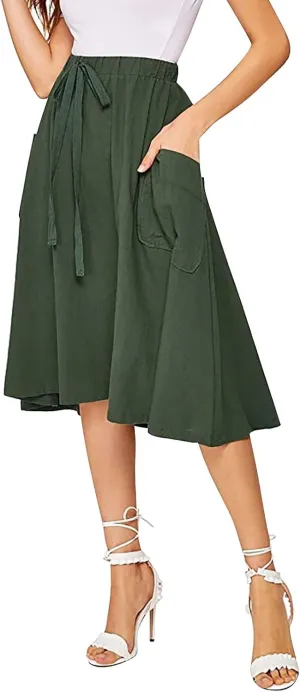 Women's Casual High Waist Pleated A Line Midi Skirt with Pocket Drawstring Elastic Waist Cotton Linen Skirts