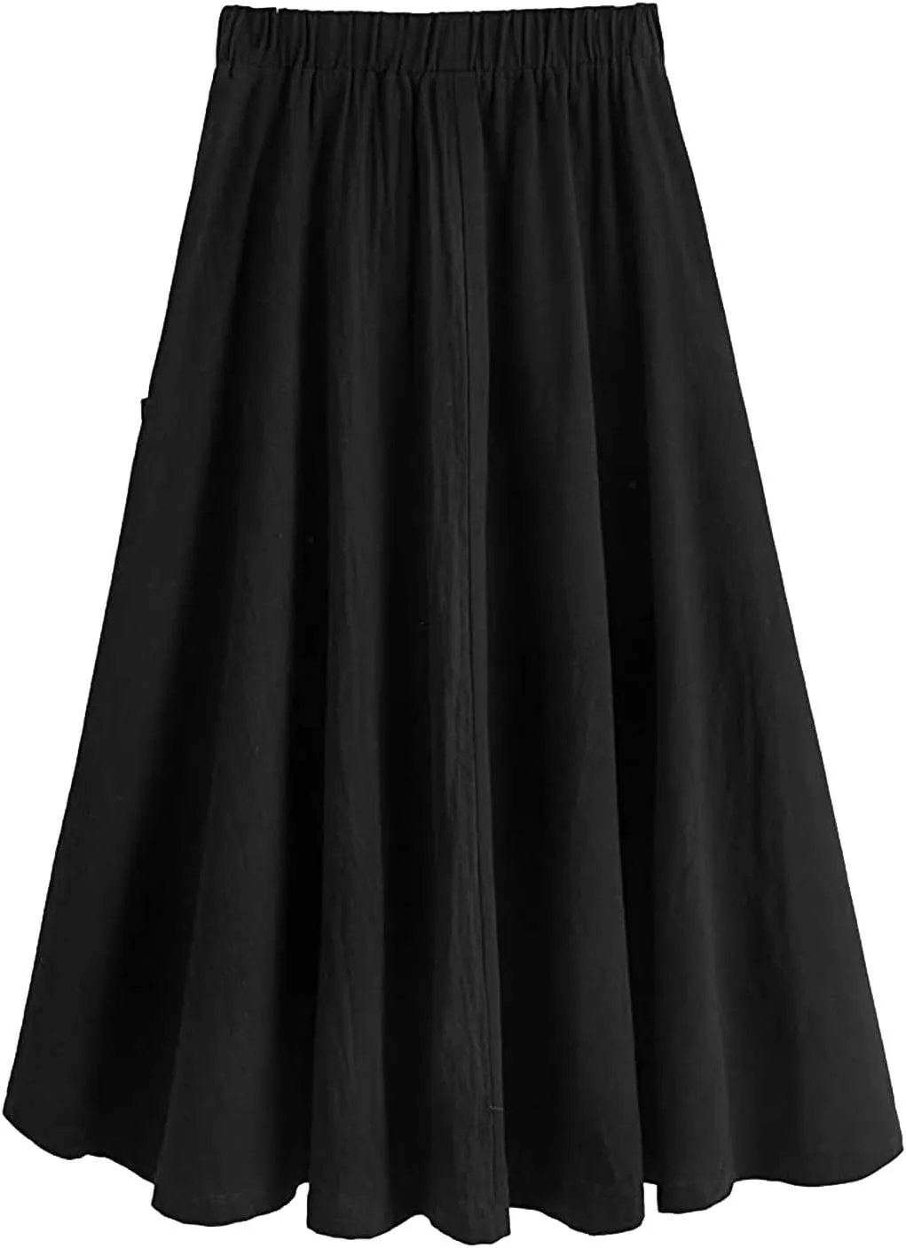 Women's Casual High Waist Pleated A Line Midi Skirt with Pocket Drawstring Elastic Waist Cotton Linen Skirts