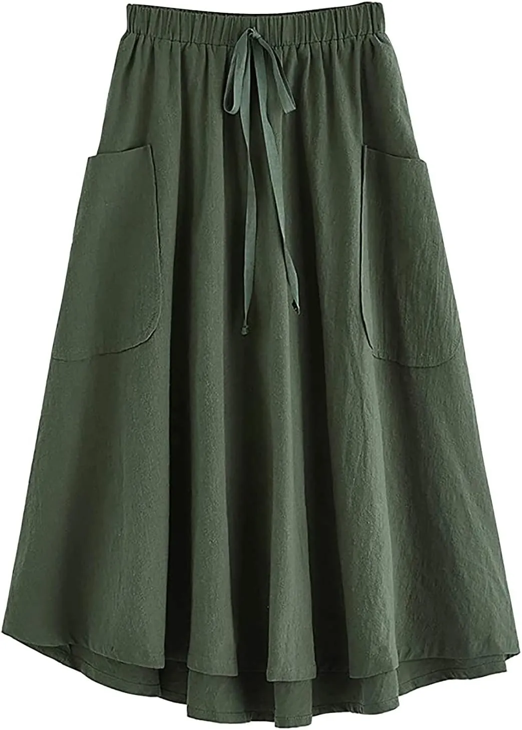 Women's Casual High Waist Pleated A Line Midi Skirt with Pocket Drawstring Elastic Waist Cotton Linen Skirts
