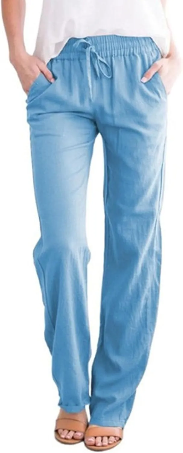 Womens Casual Linen High Waist Pants Drawstring Loose Fit Summer Pants Trousers with Side Pockets 2025 Trendy