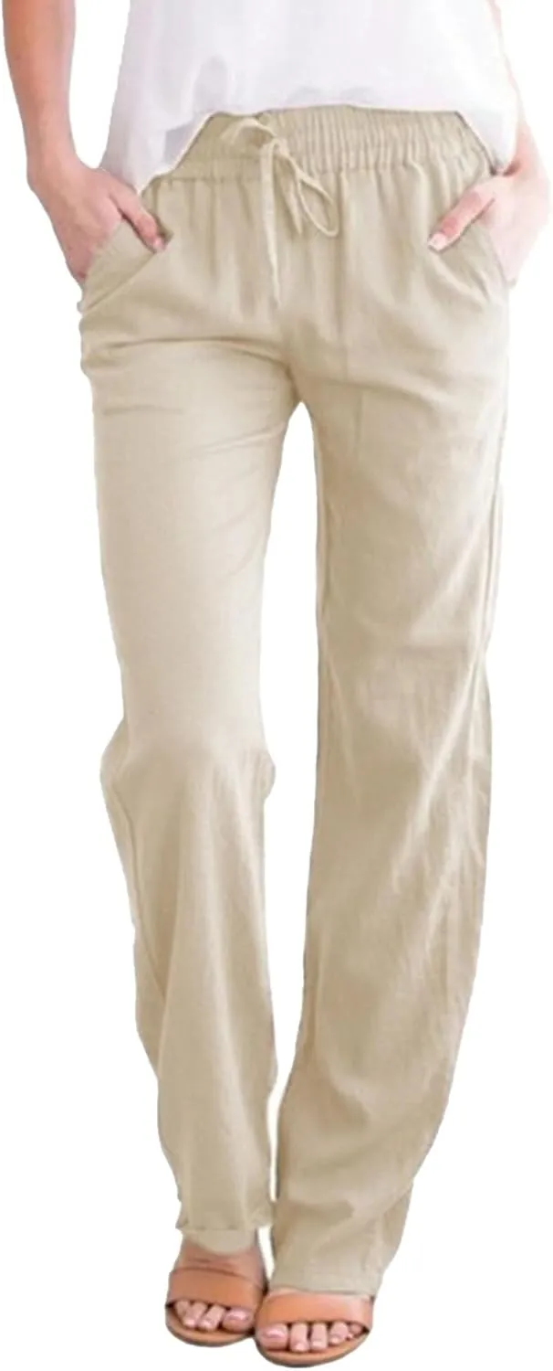 Womens Casual Linen High Waist Pants Drawstring Loose Fit Summer Pants Trousers with Side Pockets 2025 Trendy