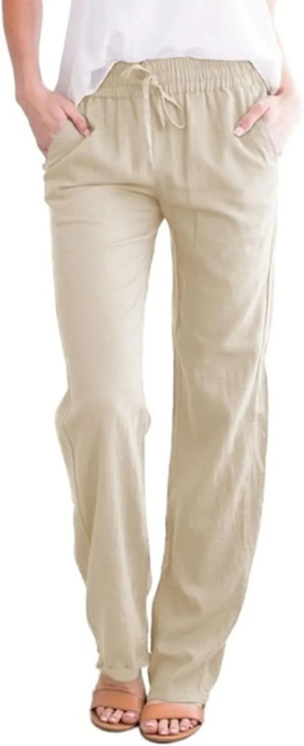 Womens Casual Linen High Waist Pants Drawstring Loose Fit Summer Pants Trousers with Side Pockets 2025 Trendy