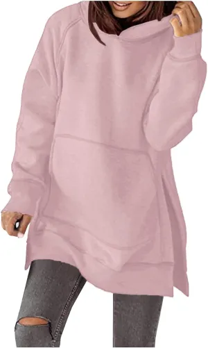 Women's Casual Long Hoodies Oversized Thick Fleece Solid Color Hooded Sweatshirt Pullover Side Split High Low Hem Tops