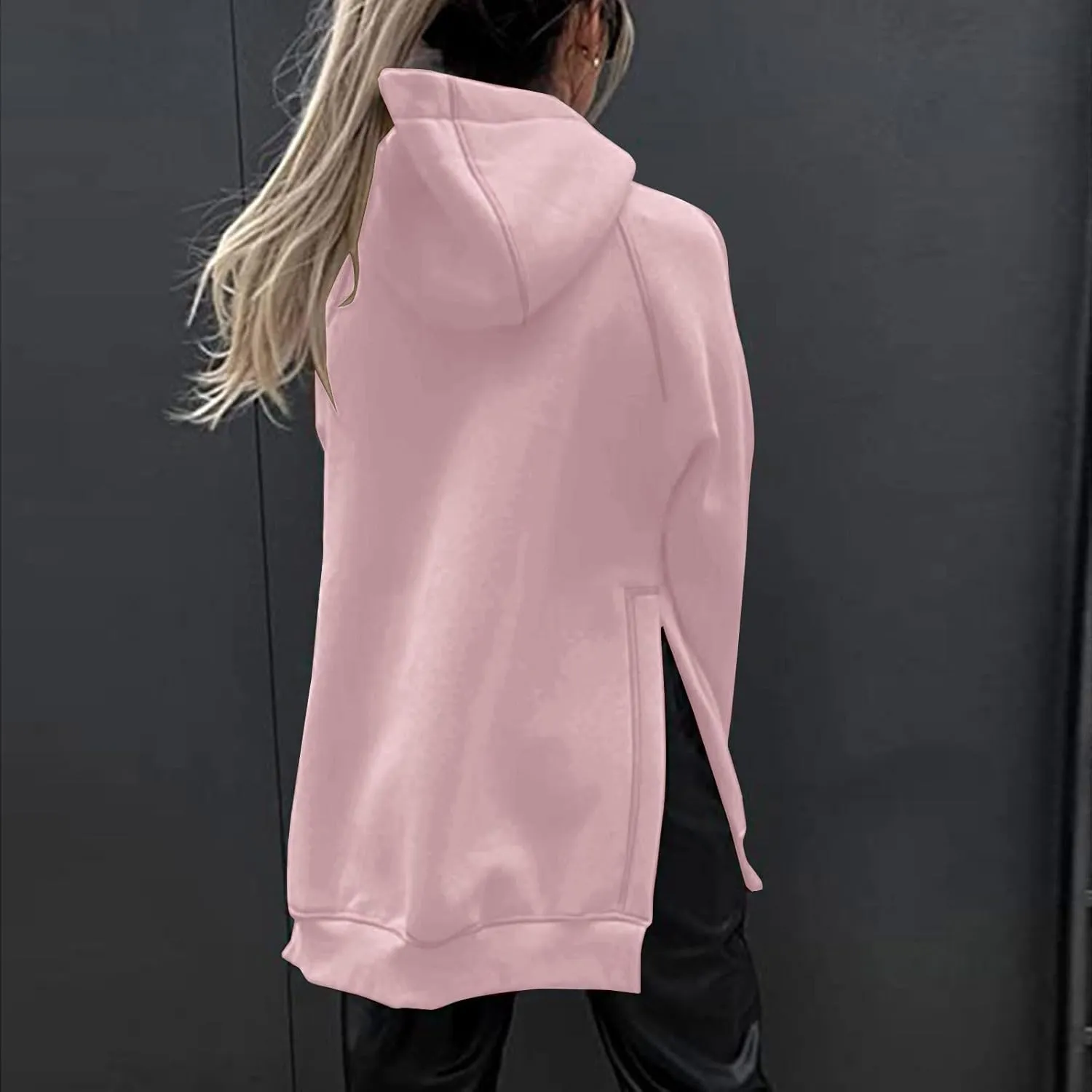 Women's Casual Long Hoodies Oversized Thick Fleece Solid Color Hooded Sweatshirt Pullover Side Split High Low Hem Tops