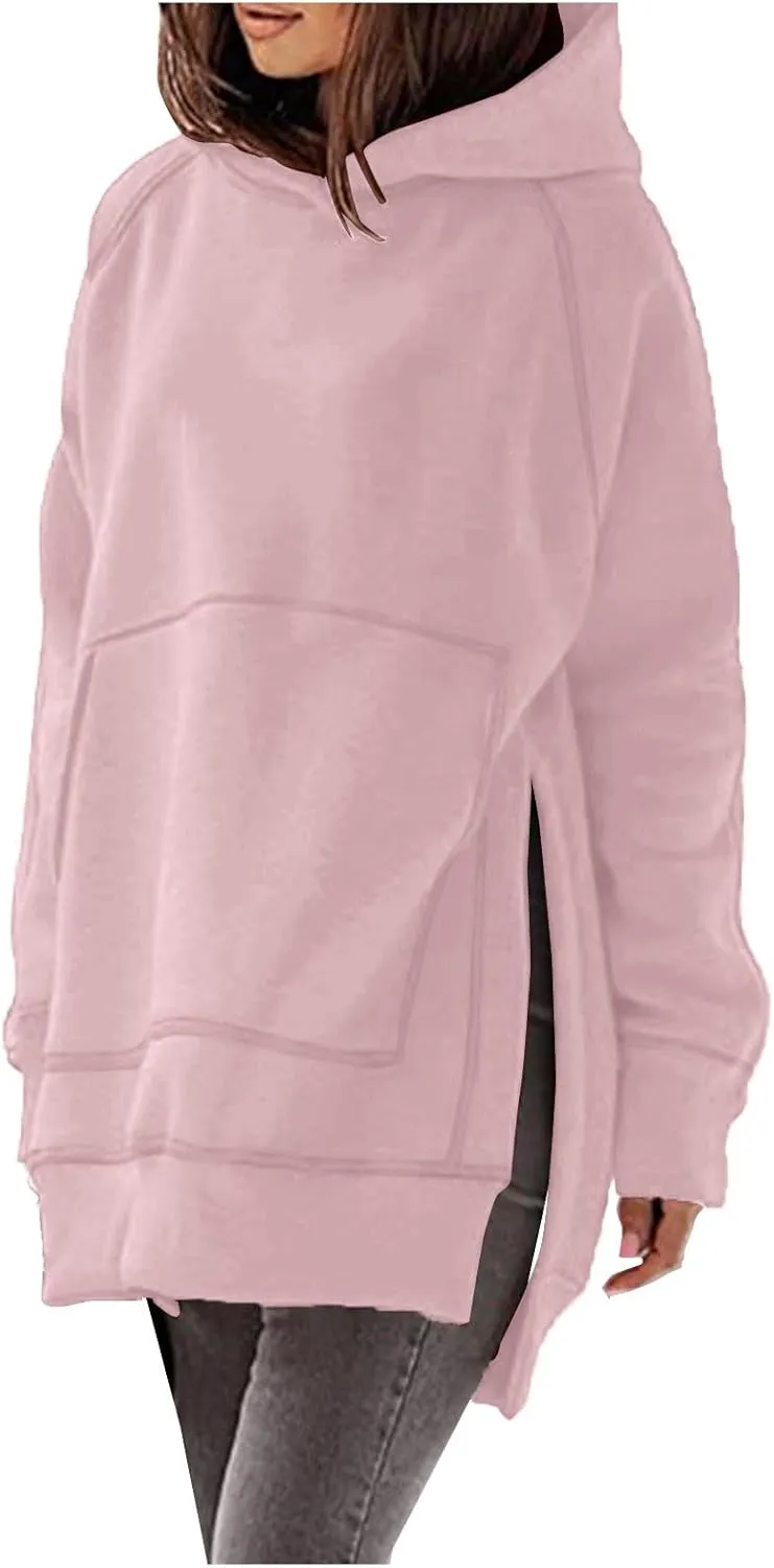 Women's Casual Long Hoodies Oversized Thick Fleece Solid Color Hooded Sweatshirt Pullover Side Split High Low Hem Tops