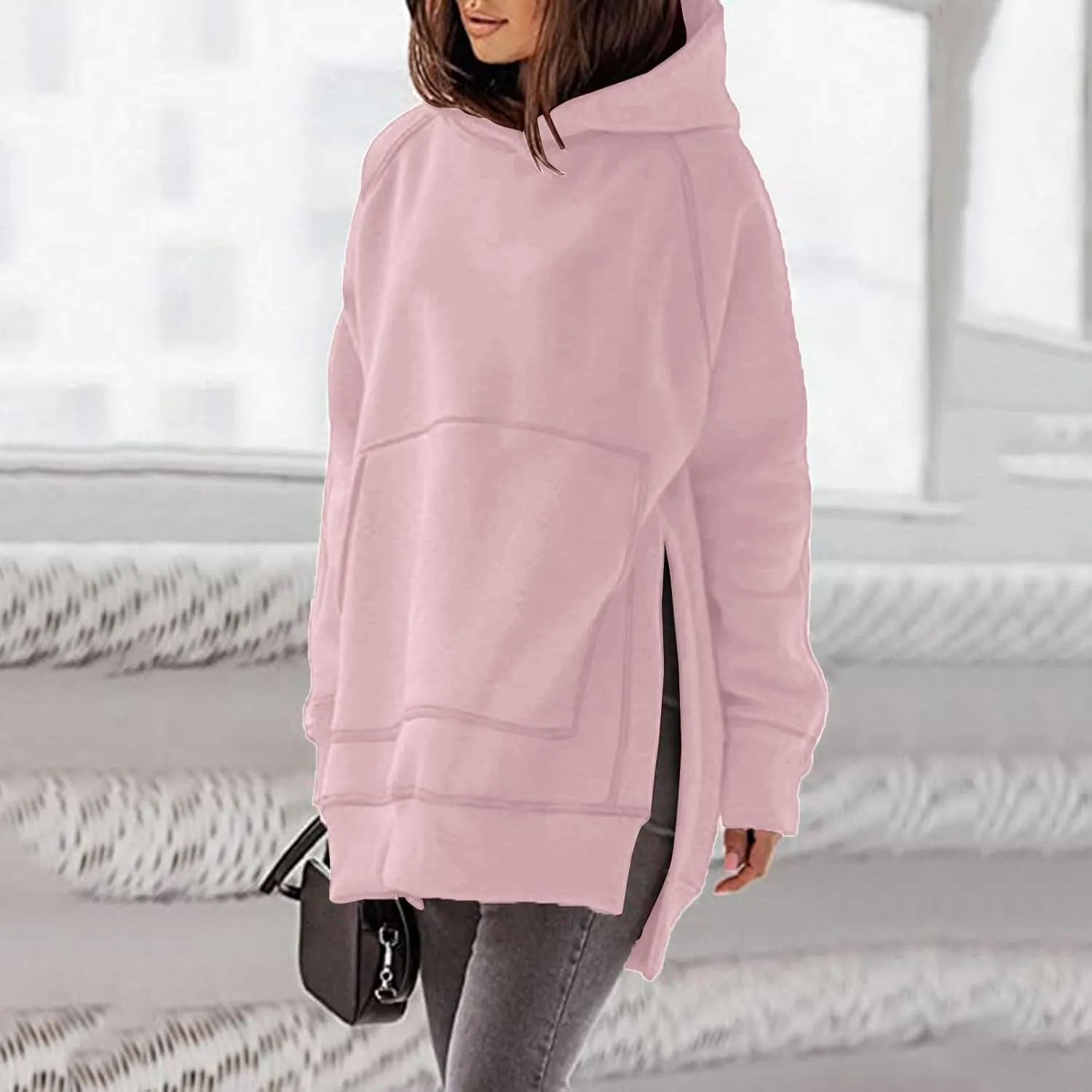 Women's Casual Long Hoodies Oversized Thick Fleece Solid Color Hooded Sweatshirt Pullover Side Split High Low Hem Tops