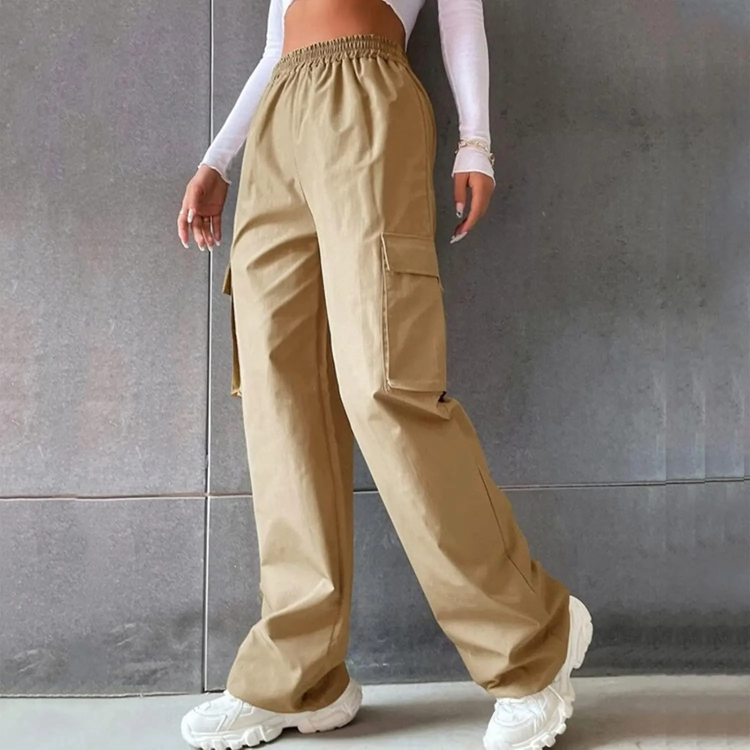 Womens Casual Pants Summer Elastic High Waist Pants Straight Leg Lightweight Comfy Lounge Trousers with Pockets 2025
