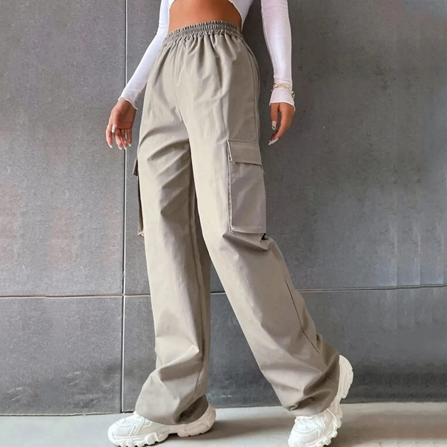 Womens Casual Pants Summer Elastic High Waist Pants Straight Leg Lightweight Comfy Lounge Trousers with Pockets 2025