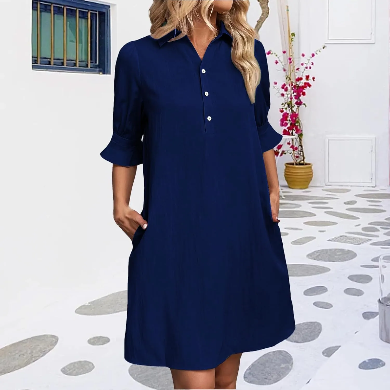 Womens Casual Shirt Dress Ruffle Sleeve Button Down Shirt Dress Summer Loose Mini Dresses for Women Solid Color
