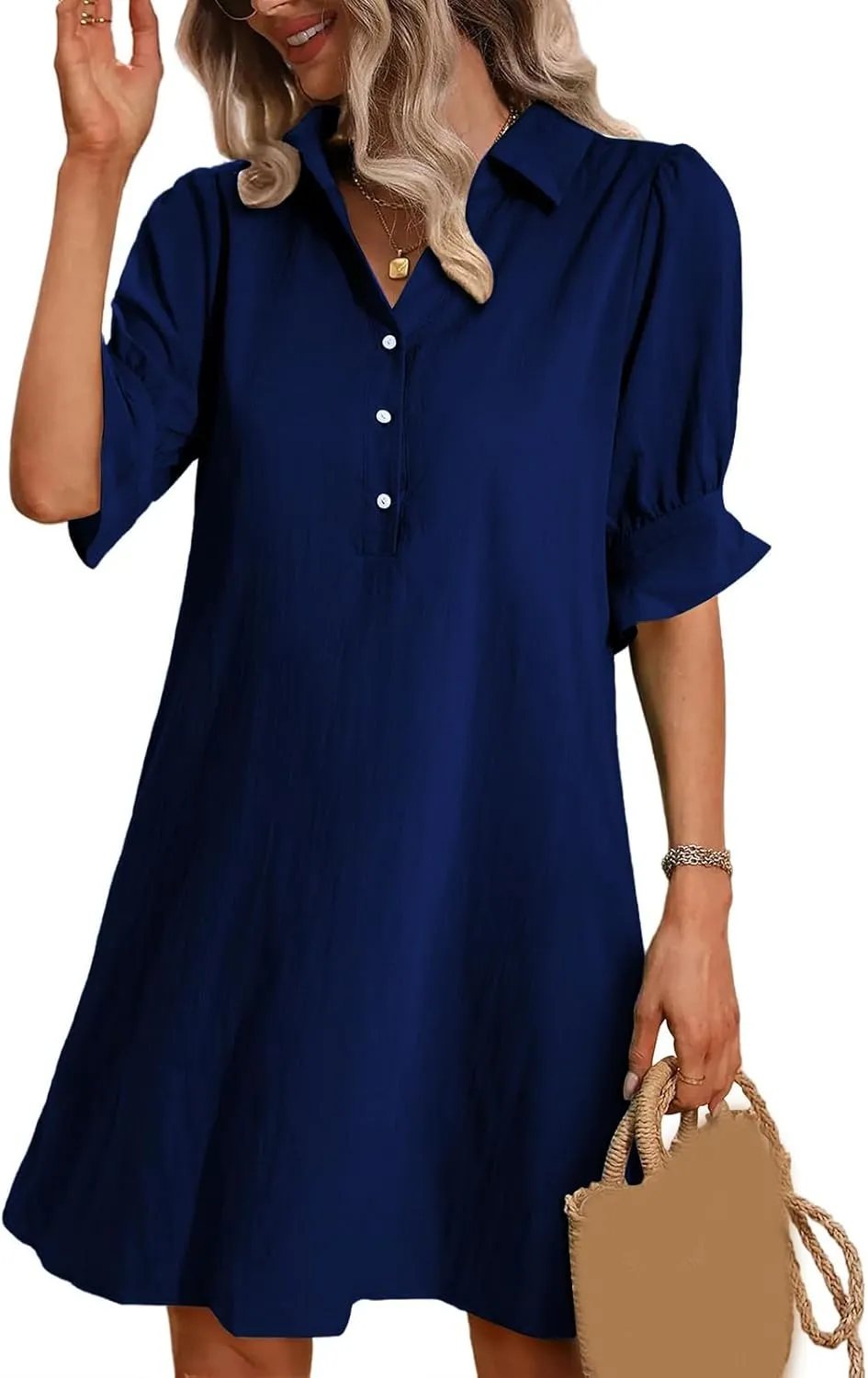 Womens Casual Shirt Dress Ruffle Sleeve Button Down Shirt Dress Summer Loose Mini Dresses for Women Solid Color