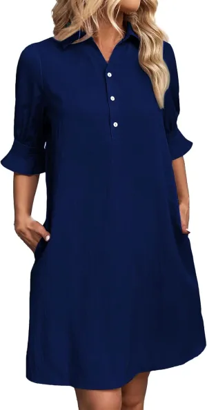 Womens Casual Shirt Dress Ruffle Sleeve Button Down Shirt Dress Summer Loose Mini Dresses for Women Solid Color