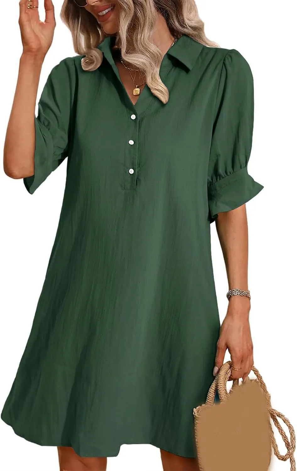 Womens Casual Shirt Dress Ruffle Sleeve Button Down Shirt Dress Summer Loose Mini Dresses for Women Solid Color
