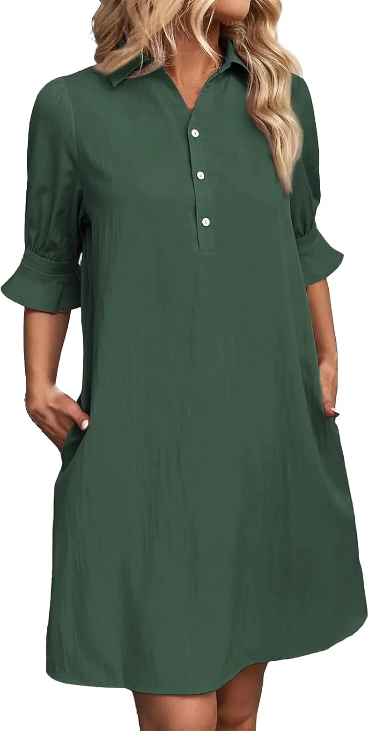 Womens Casual Shirt Dress Ruffle Sleeve Button Down Shirt Dress Summer Loose Mini Dresses for Women Solid Color