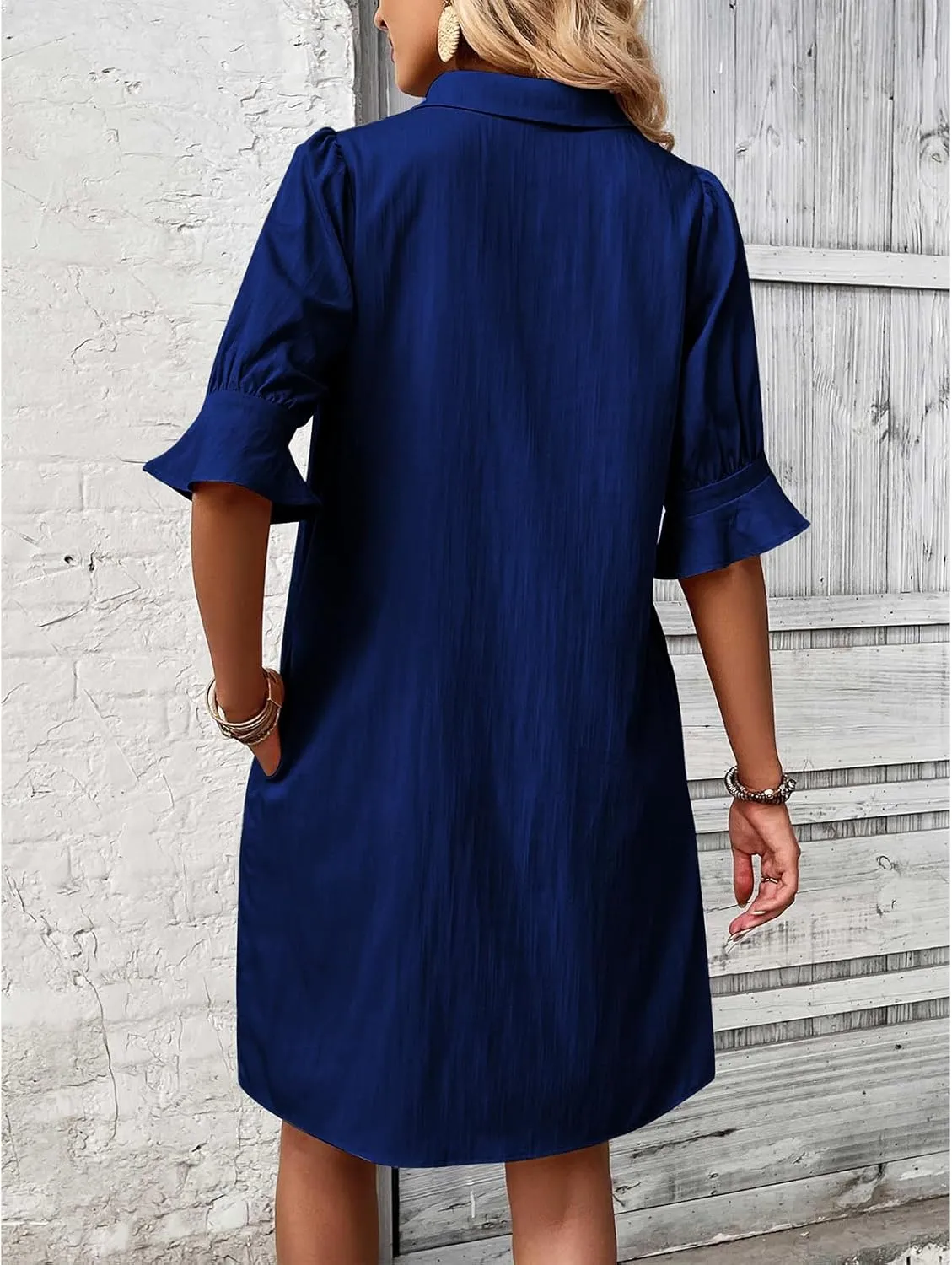 Womens Casual Shirt Dress Ruffle Sleeve Button Down Shirt Dress Summer Loose Mini Dresses for Women Solid Color