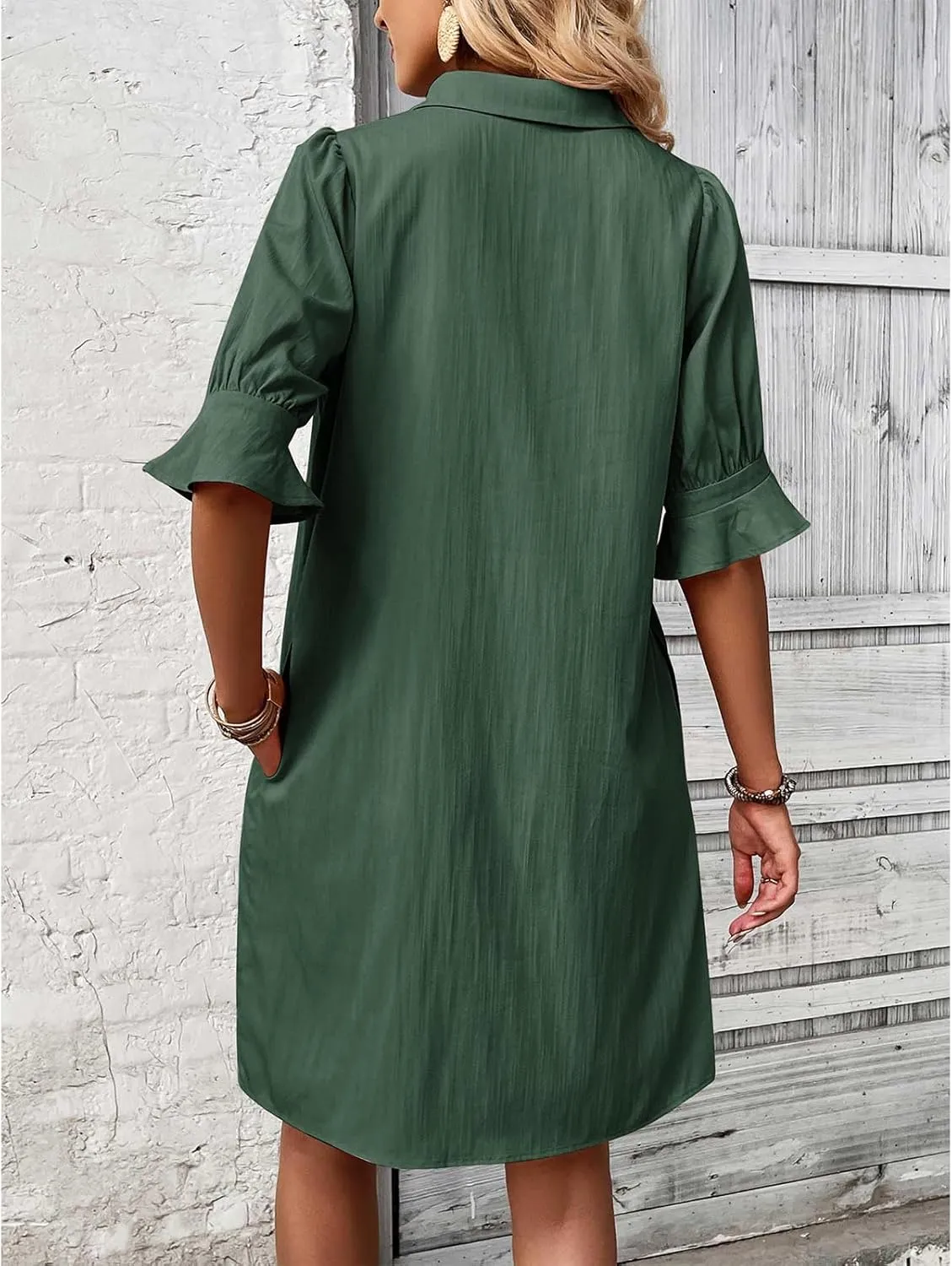 Womens Casual Shirt Dress Ruffle Sleeve Button Down Shirt Dress Summer Loose Mini Dresses for Women Solid Color