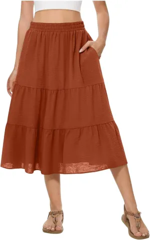 Womens Casual Summer Skirts Comfy Tiered Midi Skirt Elastic Waist A Line Flowy Skirts Trendy Beach Skirt with Pockets