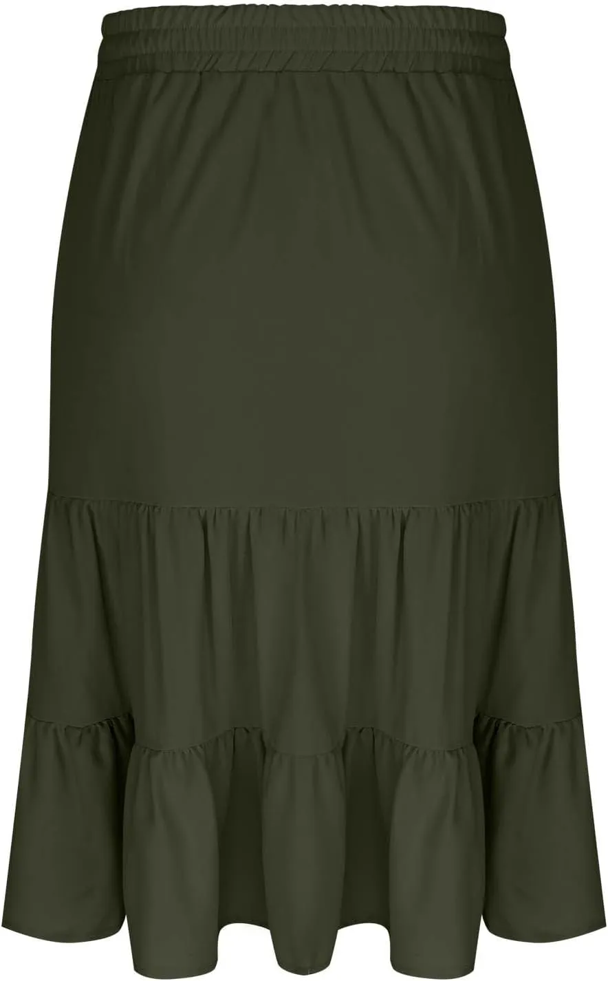 Womens Casual Summer Skirts Comfy Tiered Midi Skirt Elastic Waist A Line Flowy Skirts Trendy Beach Skirt with Pockets
