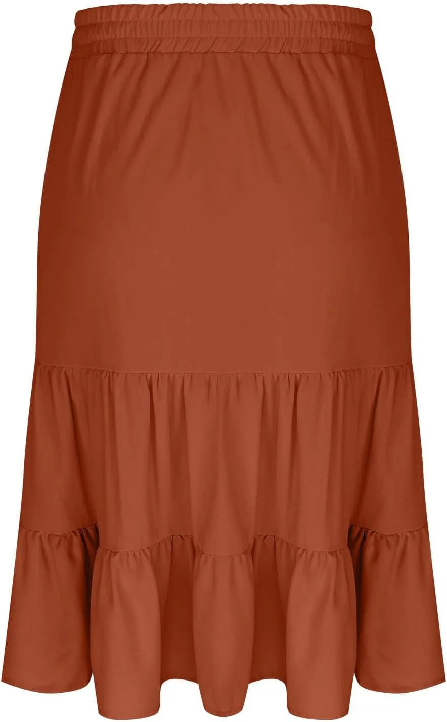 Womens Casual Summer Skirts Comfy Tiered Midi Skirt Elastic Waist A Line Flowy Skirts Trendy Beach Skirt with Pockets