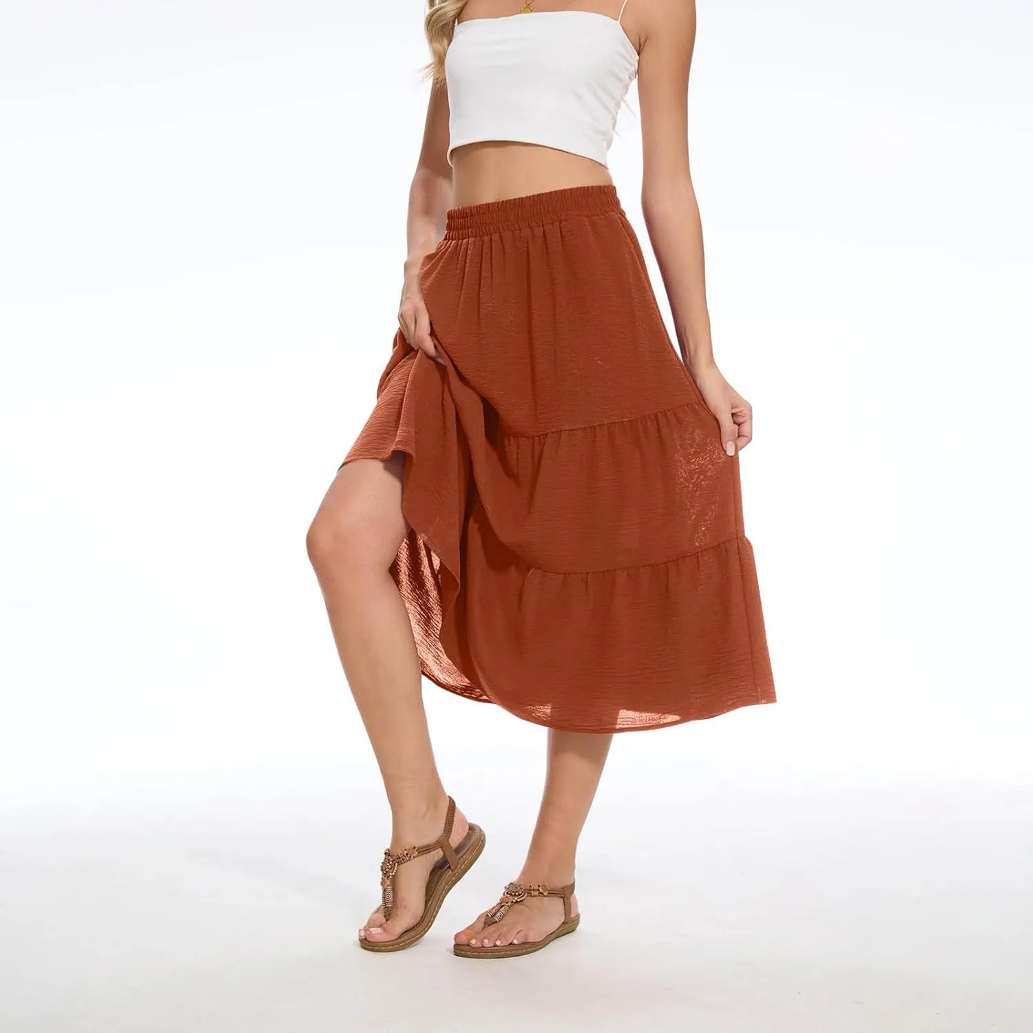 Womens Casual Summer Skirts Comfy Tiered Midi Skirt Elastic Waist A Line Flowy Skirts Trendy Beach Skirt with Pockets