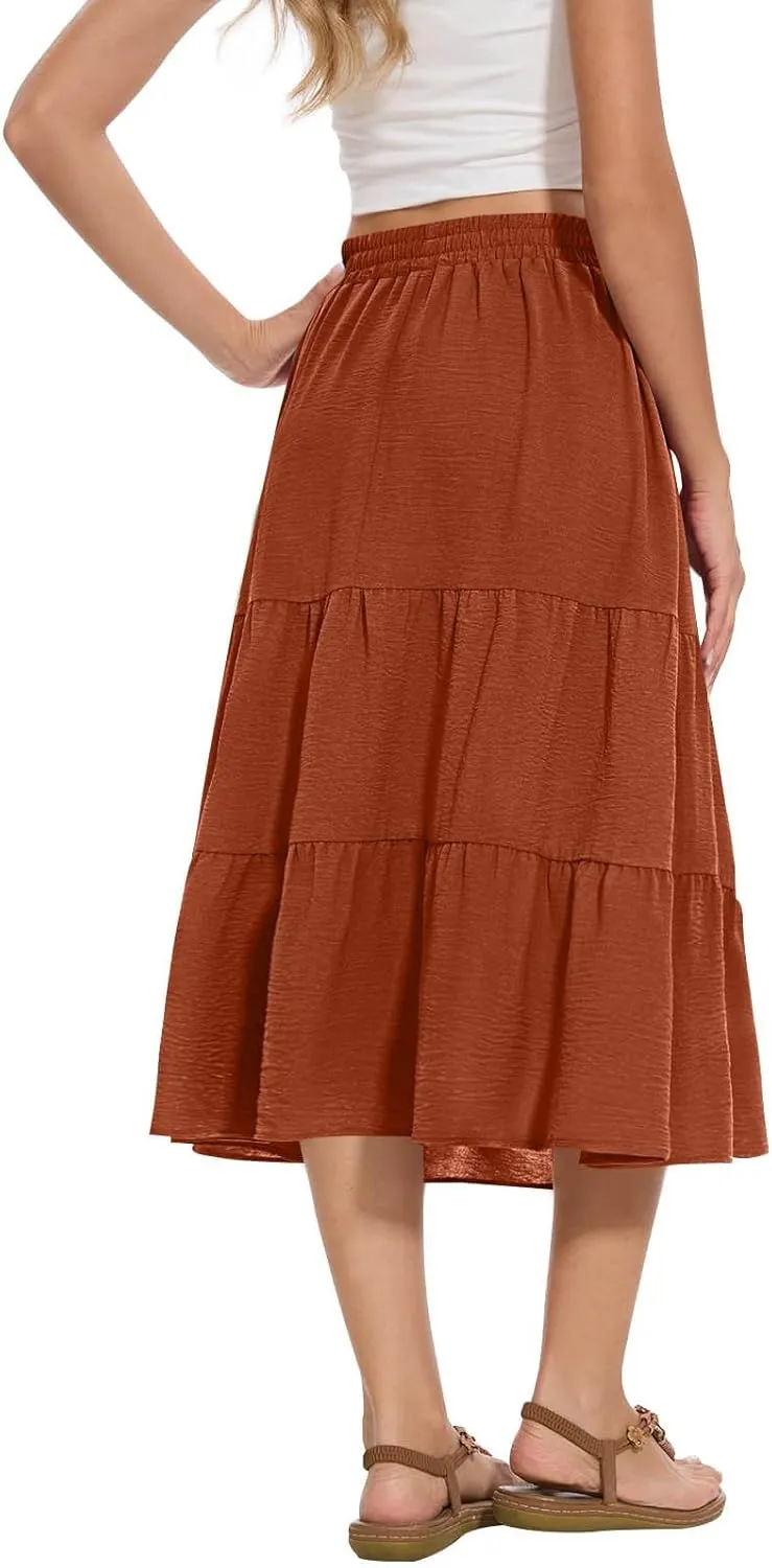 Womens Casual Summer Skirts Comfy Tiered Midi Skirt Elastic Waist A Line Flowy Skirts Trendy Beach Skirt with Pockets