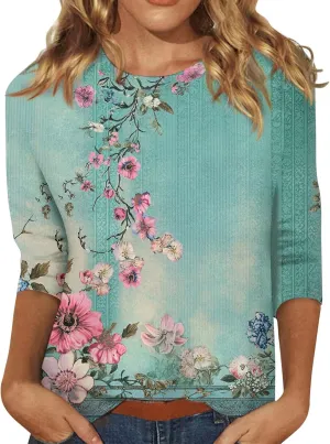 Womens Casual Tops 3/4 Sleeve Summer Trendy Round Neck Cute Tunic Tops Basic Tees Blouses Business Shirt