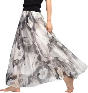 Women's Chiffon Floral Boho Skirts Flowy Double-Layered Mesh Maxi Skirt Elegant Pleated A-Line Long Beach Skirts