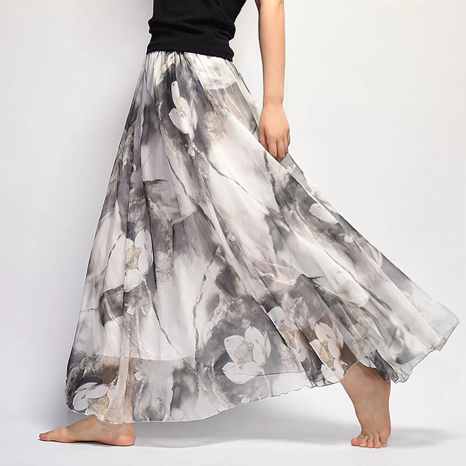 Women's Chiffon Floral Boho Skirts Flowy Double-Layered Mesh Maxi Skirt Elegant Pleated A-Line Long Beach Skirts