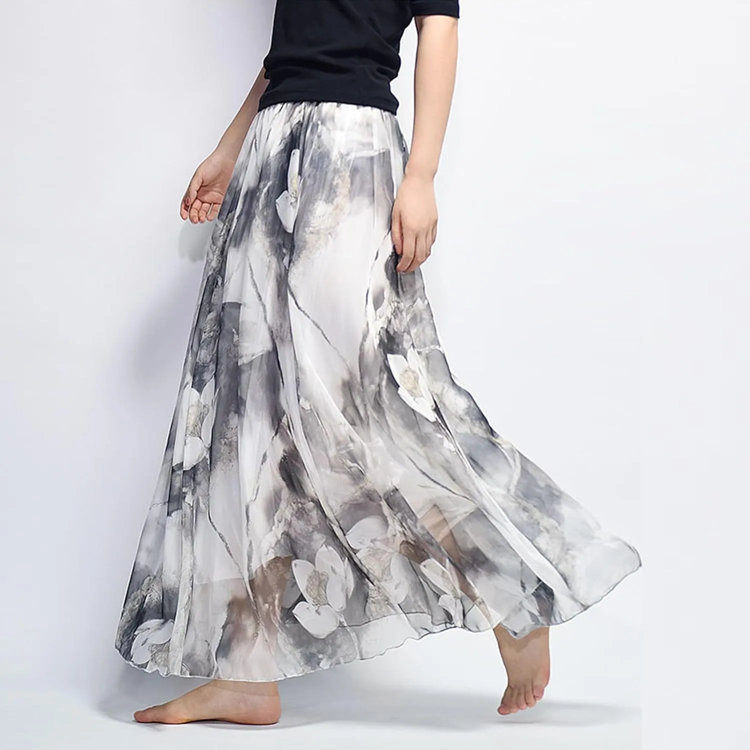 Women's Chiffon Floral Boho Skirts Flowy Double-Layered Mesh Maxi Skirt Elegant Pleated A-Line Long Beach Skirts