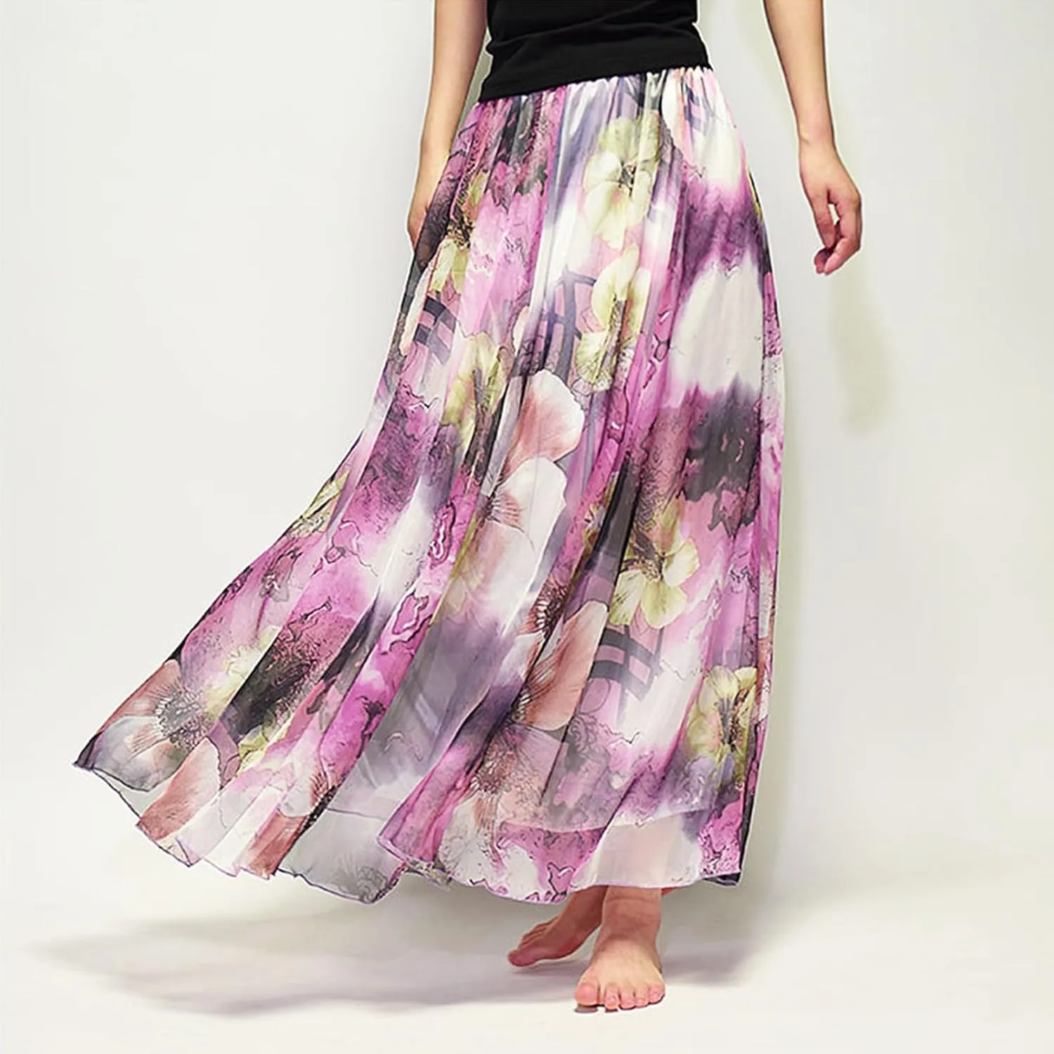Women's Chiffon Floral Boho Skirts Flowy Double-Layered Mesh Maxi Skirt Elegant Pleated A-Line Long Beach Skirts