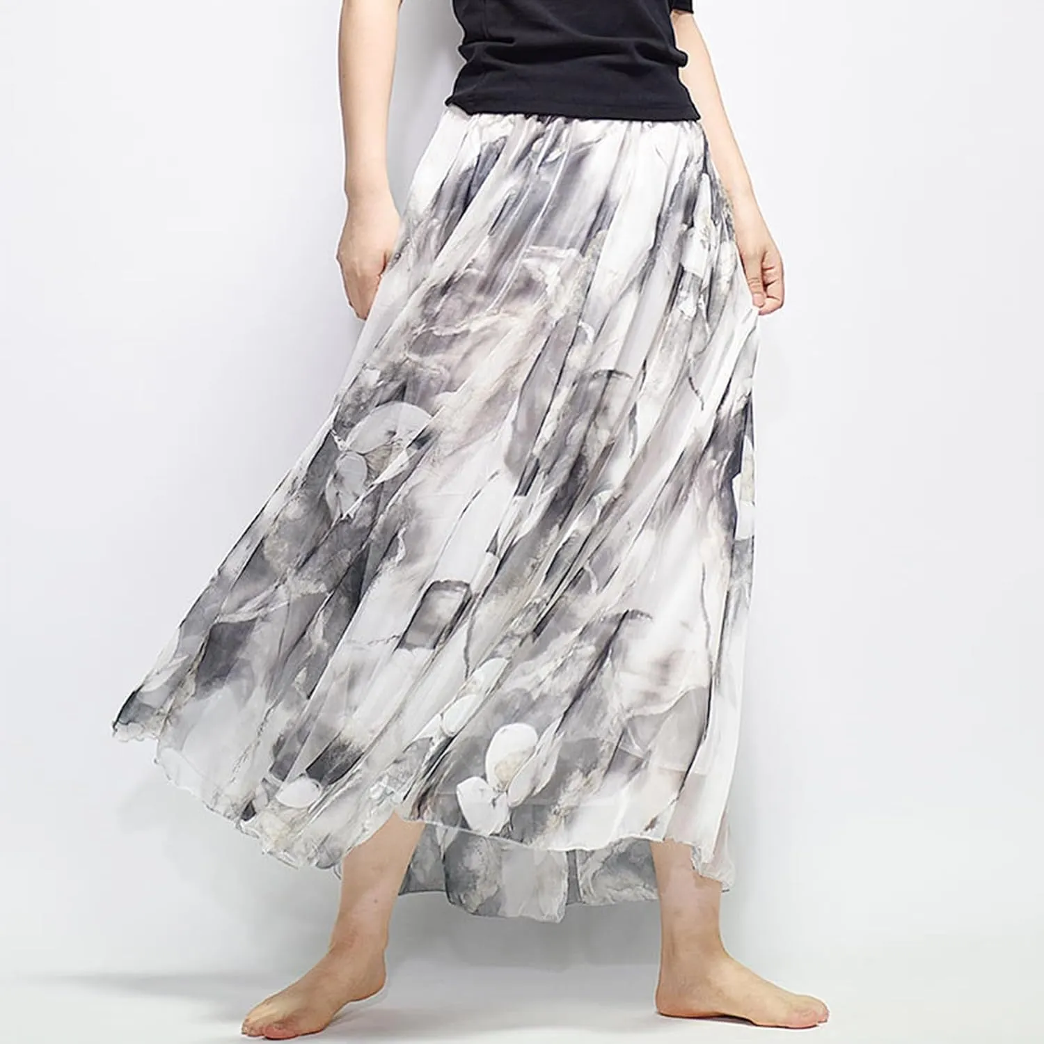 Women's Chiffon Floral Boho Skirts Flowy Double-Layered Mesh Maxi Skirt Elegant Pleated A-Line Long Beach Skirts