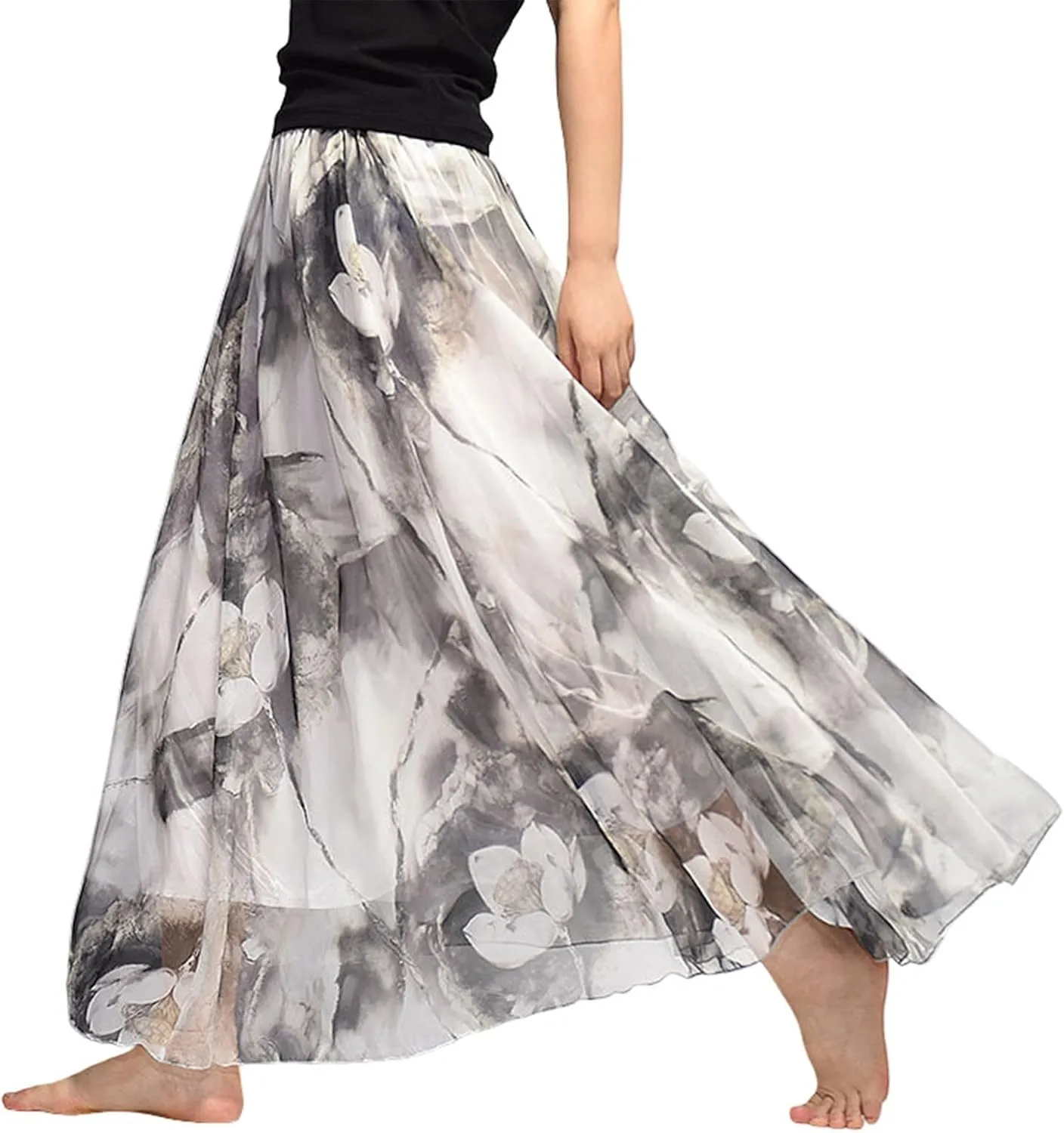 Women's Chiffon Floral Boho Skirts Flowy Double-Layered Mesh Maxi Skirt Elegant Pleated A-Line Long Beach Skirts
