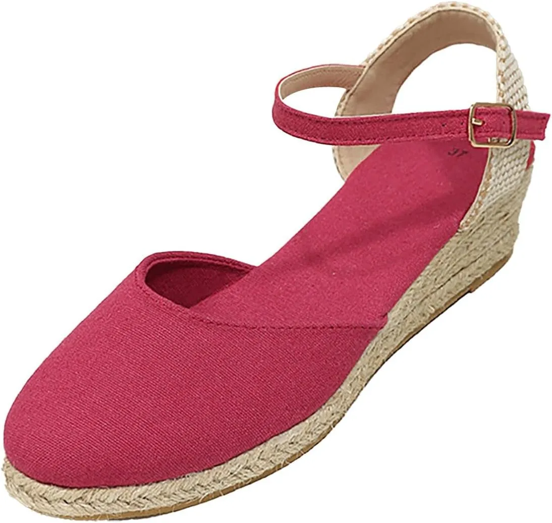 Womens Closed Toe Espadrilles Wedges Sandals Comfortable Ankle Strap Low Heel Dress Sandals Summer Slip On Adjustable Buckle Dress Shoes