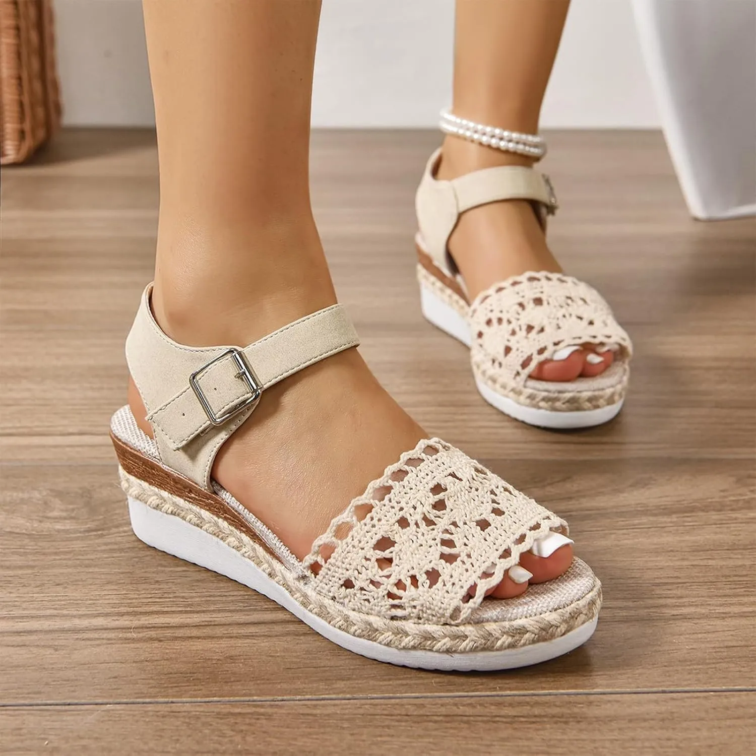Women's Closed Toe Platform Sandals Summer Buckle Ankle Strap Espadrilles Wedge Sandals Comfortable Slip On Dress Shoes