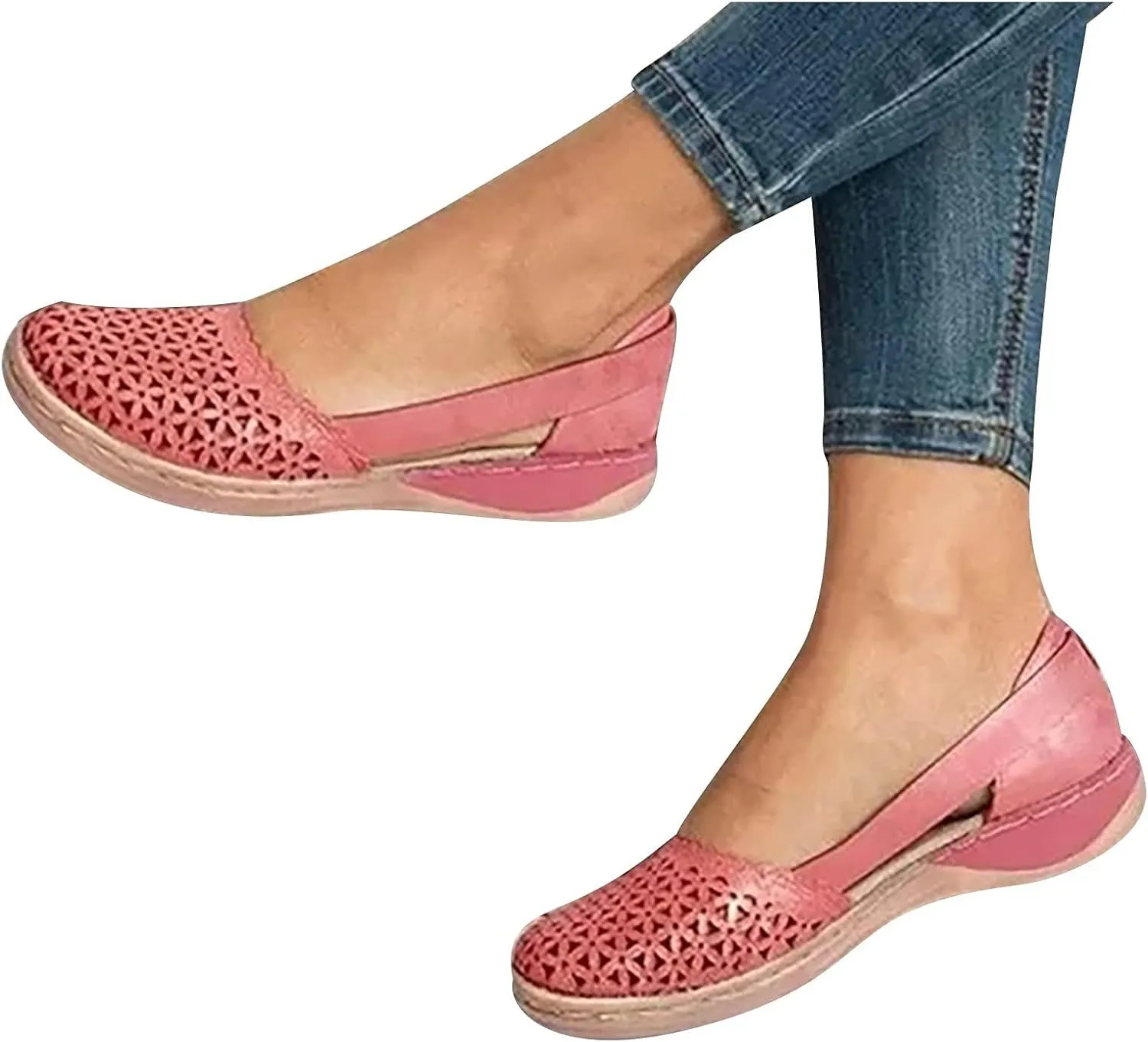 Womens Closed Toe Sandals Dressy Summer Hollow Out Sandals Round Toe Low Heel Sandals Comfortable Breathable Eyelets Shoes Casual Slip On Flat Shoes