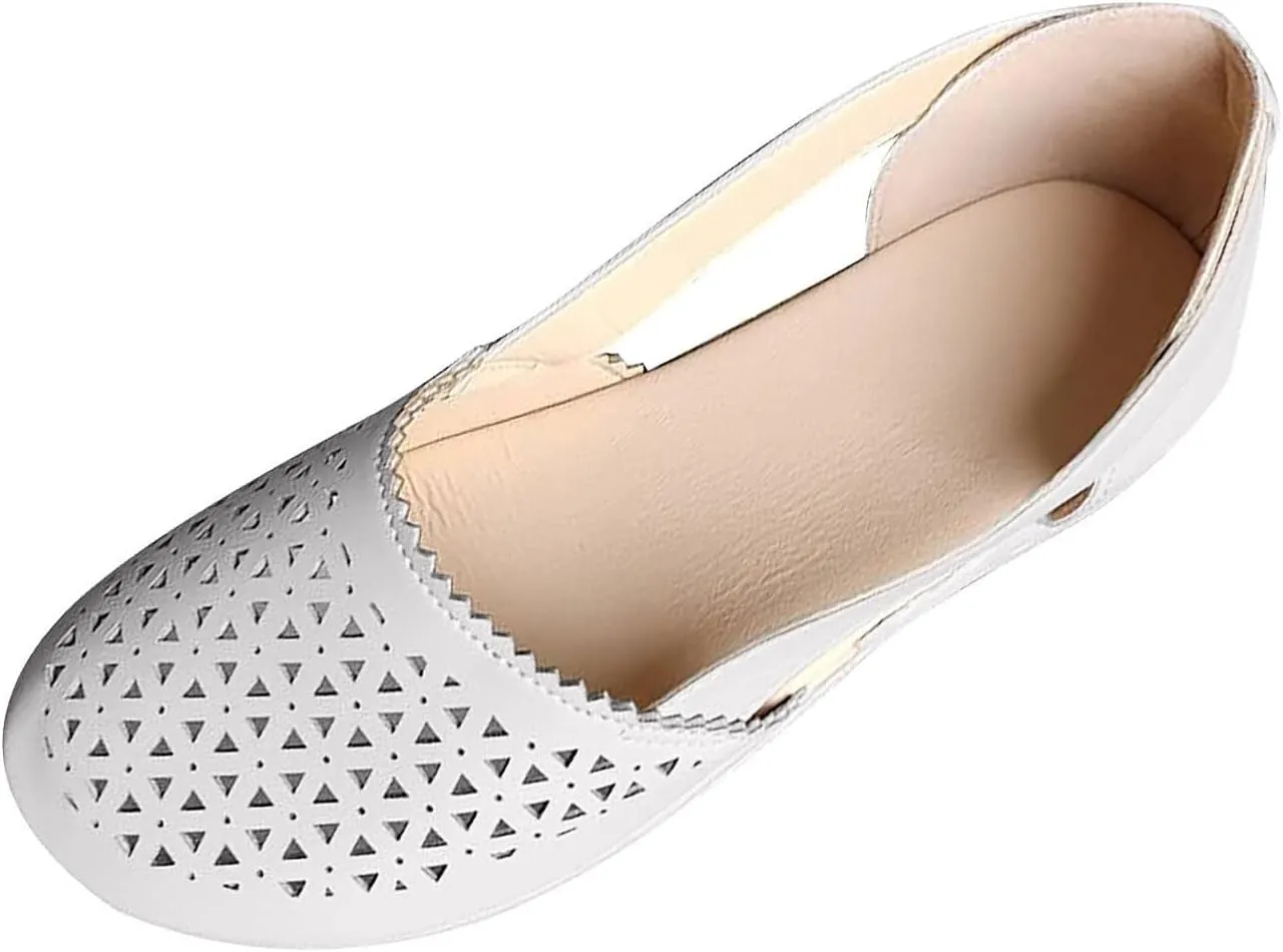 Womens Closed Toe Sandals Dressy Summer Hollow Out Sandals Round Toe Low Heel Sandals Comfortable Breathable Eyelets Shoes Casual Slip On Flat Shoes