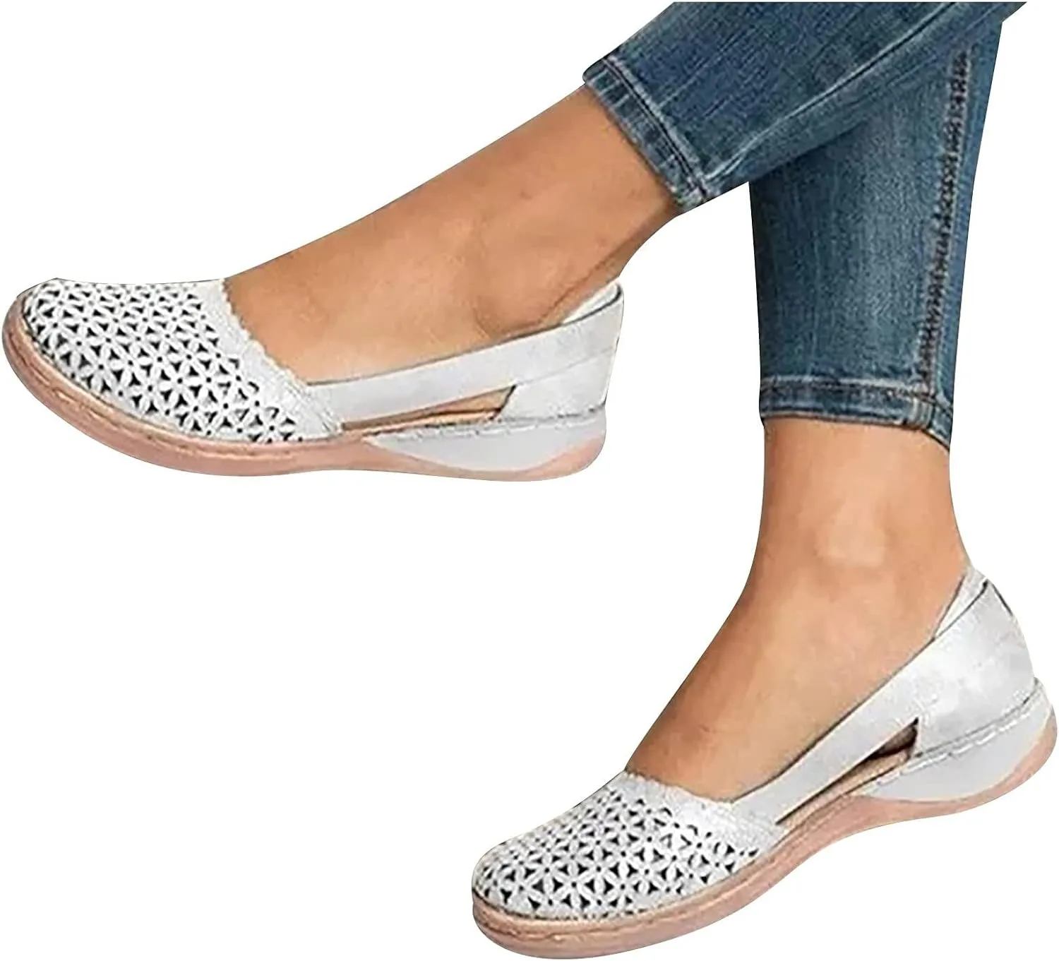 Womens Closed Toe Sandals Dressy Summer Hollow Out Sandals Round Toe Low Heel Sandals Comfortable Breathable Eyelets Shoes Casual Slip On Flat Shoes
