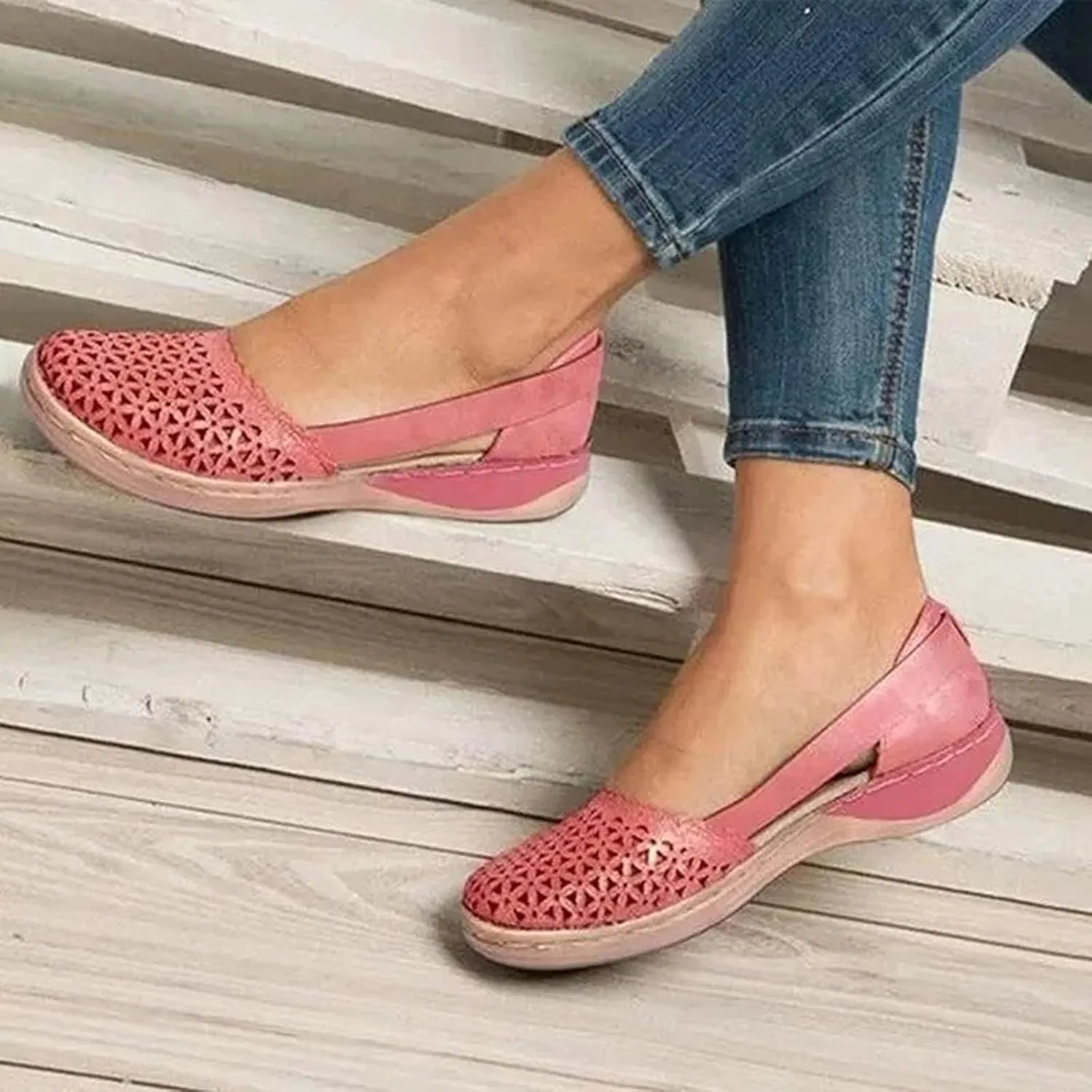 Womens Closed Toe Sandals Dressy Summer Hollow Out Sandals Round Toe Low Heel Sandals Comfortable Breathable Eyelets Shoes Casual Slip On Flat Shoes