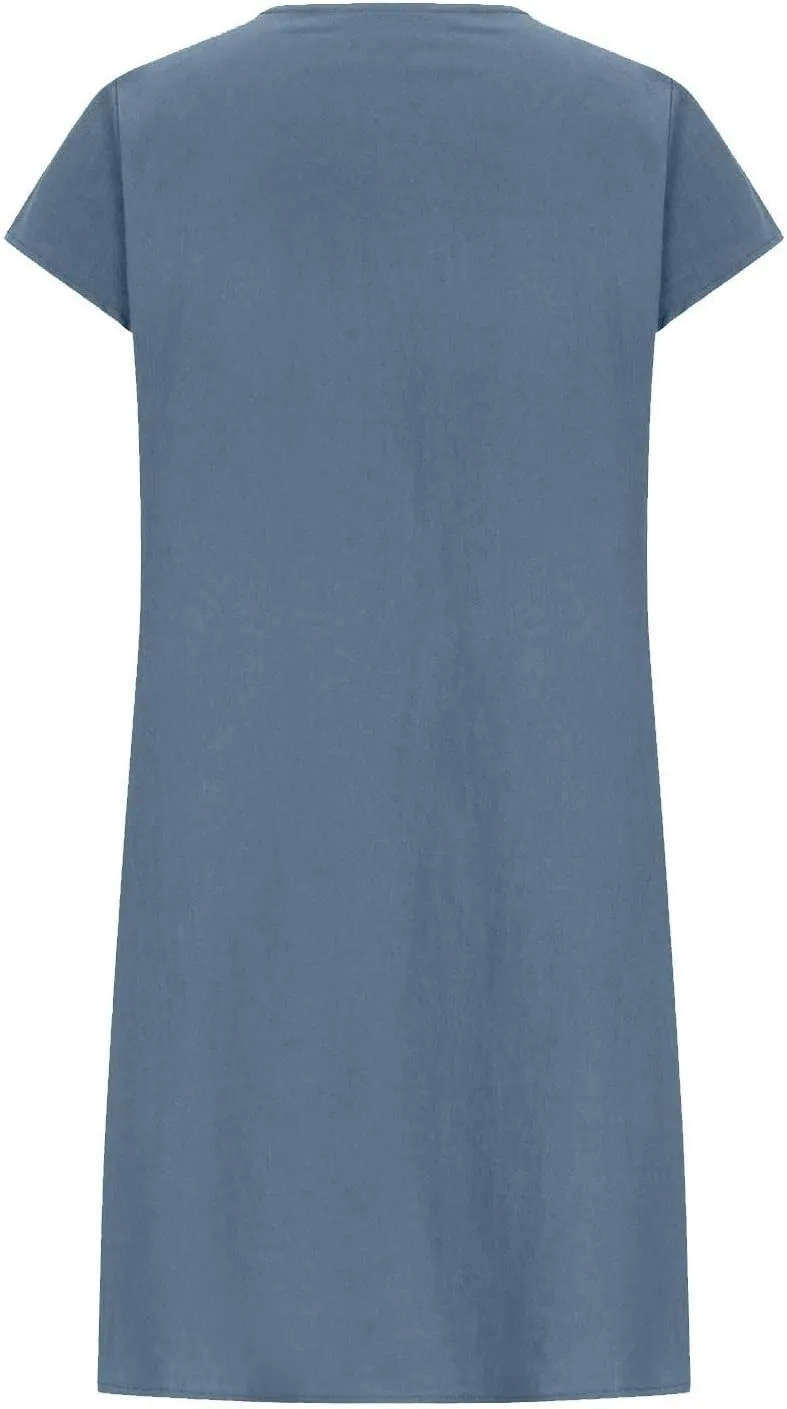 Womens Cotton Linen Dresses Short Sleeve Crew Neck Shift Dress Loose Ruched Solid Color Knee Length Beach Sundress