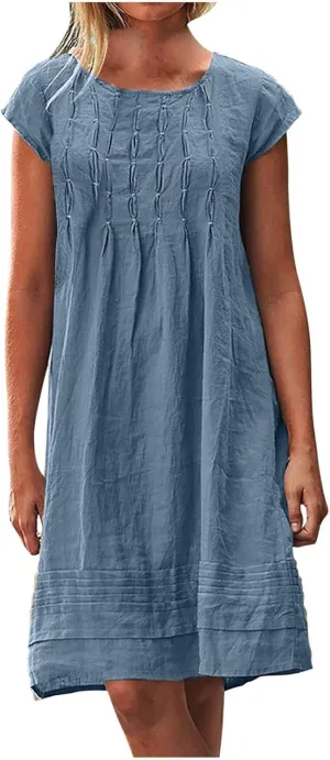 Womens Cotton Linen Dresses Short Sleeve Crew Neck Shift Dress Loose Ruched Solid Color Knee Length Beach Sundress