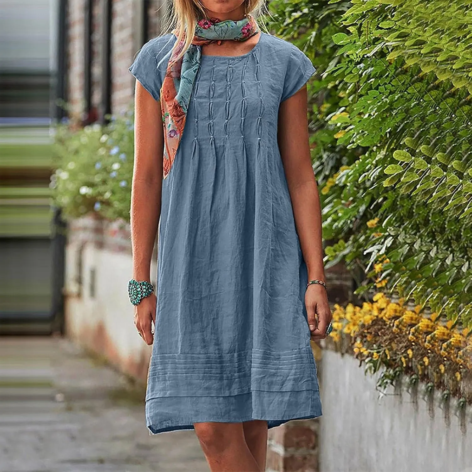 Womens Cotton Linen Dresses Short Sleeve Crew Neck Shift Dress Loose Ruched Solid Color Knee Length Beach Sundress