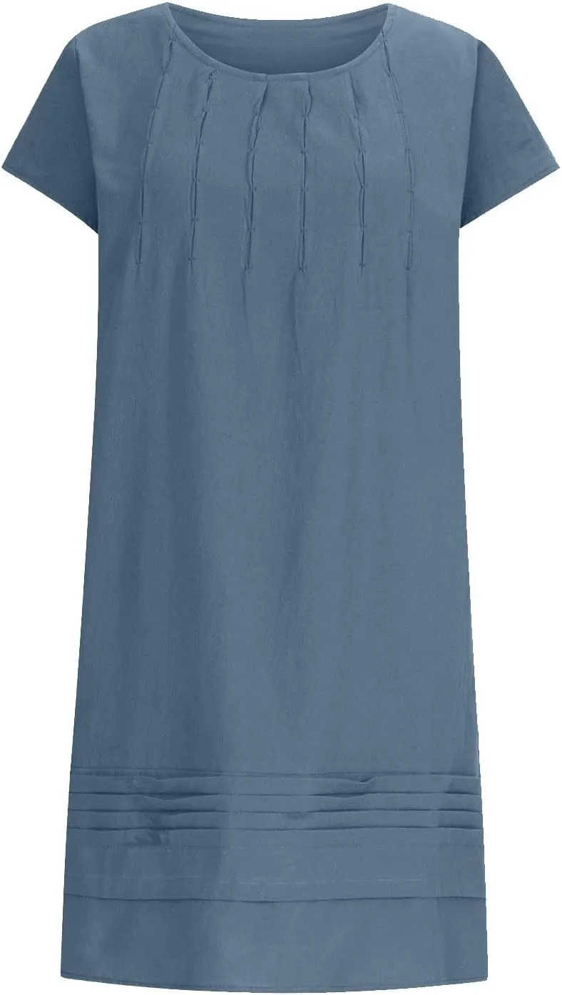 Womens Cotton Linen Dresses Short Sleeve Crew Neck Shift Dress Loose Ruched Solid Color Knee Length Beach Sundress
