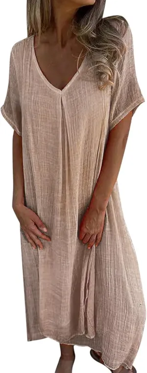 Women's Cotton Linen Maxi Dress Short Sleeve Summer Short Sleeve V-Neck Loose Dresses Solid Vacation Trendy Dresses