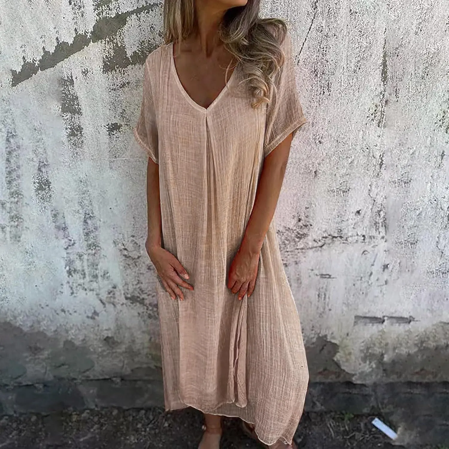 Women's Cotton Linen Maxi Dress Short Sleeve Summer Short Sleeve V-Neck Loose Dresses Solid Vacation Trendy Dresses