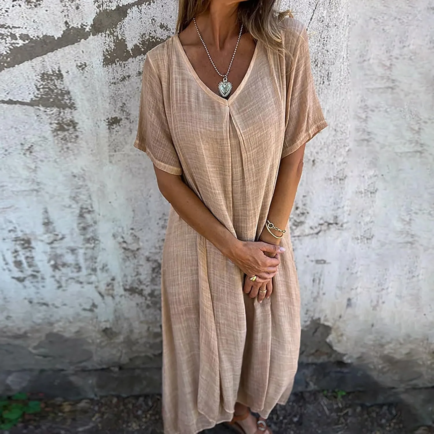 Women's Cotton Linen Maxi Dress Short Sleeve Summer Short Sleeve V-Neck Loose Dresses Solid Vacation Trendy Dresses