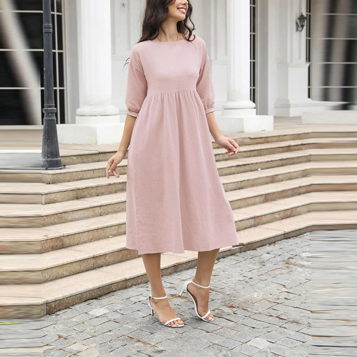 Women's Cotton Linen Midi Casual Dresses Loose Solid A-line Flowy Summer Beach Vacation Dress with Pockets