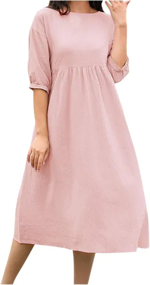 Women's Cotton Linen Midi Casual Dresses Loose Solid A-line Flowy Summer Beach Vacation Dress with Pockets