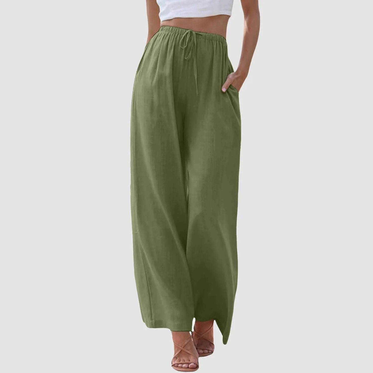 Womens Cotton Linen Pants 2025 Summer Loose Fit Drawstring High Elastic Waist Wide Leg Lightweight Trousers with Pockets