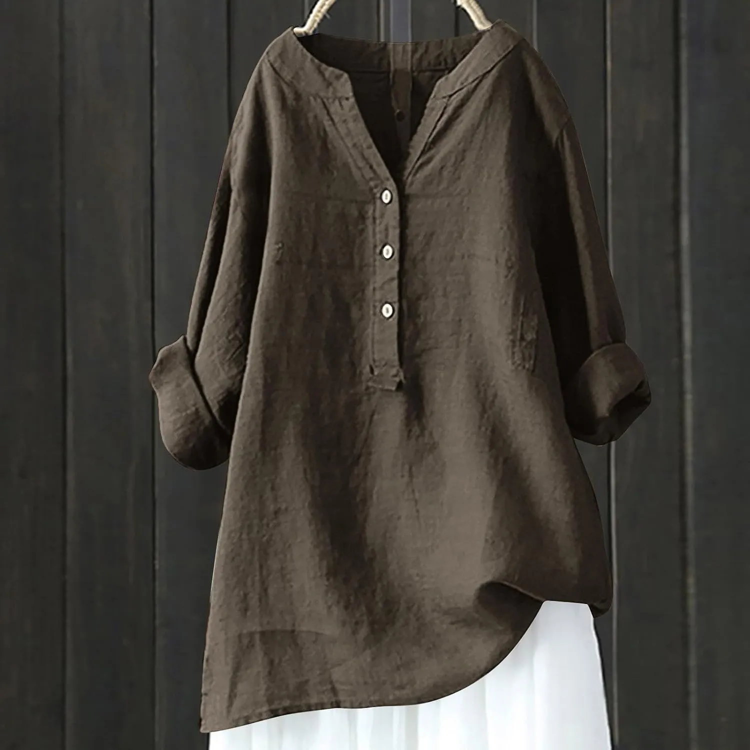Womens Cotton Linen Shirts Solid 3/4 Sleeve Tunic Tops Oversized Tshirts Casual V Neck Dressy Blouses