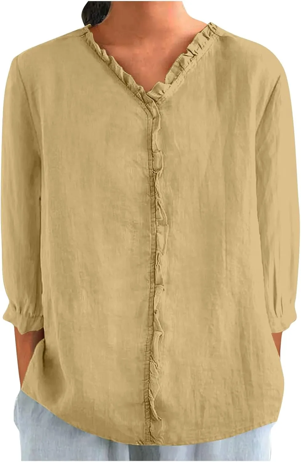 Women's Cotton Linen Shirts V Neck Ruffle Solid Color Loose Blouse 3/4 Sleeve Summer 2025 Trendy Casual Shirt Tops