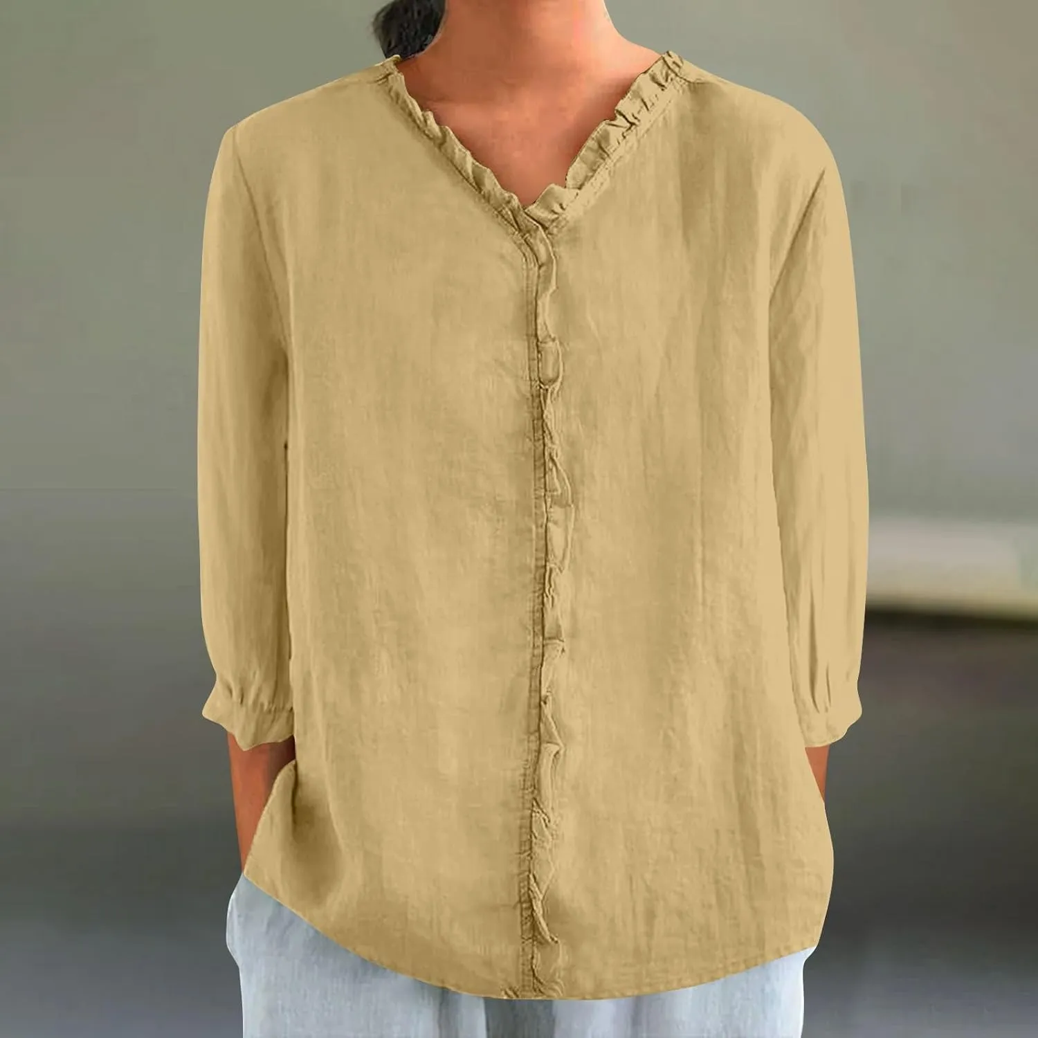 Women's Cotton Linen Shirts V Neck Ruffle Solid Color Loose Blouse 3/4 Sleeve Summer 2025 Trendy Casual Shirt Tops